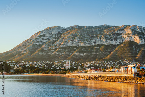 Panoramic view of Montgó Natural Park from Marina Dénia port in Alicante, Spain