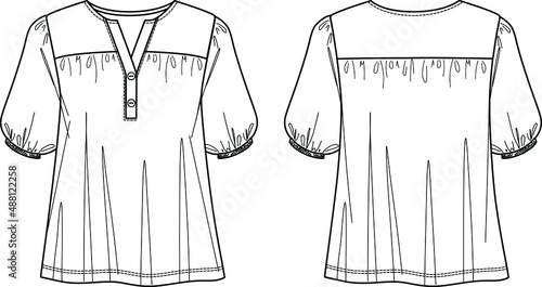 Woman V neck blouse with gathering detail fashion CAD, short balloon sleeved top with button sketch, technical drawing, flat, template. Jersey or woven fabric blouse with front, back view, white color