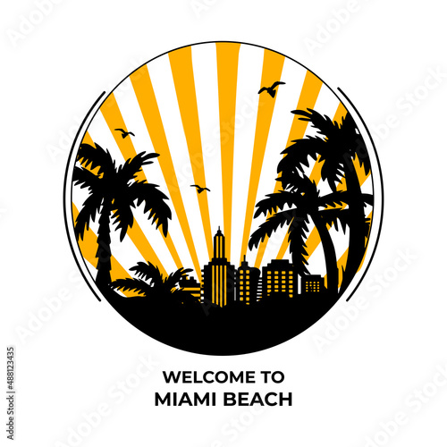 city ​​silhouette and palm trees vector logo. welcome to miami vector. sunrise in miami vector. sun rays in big city vector.eps