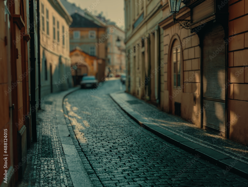 cobbled road on narrow streets in Old Prague