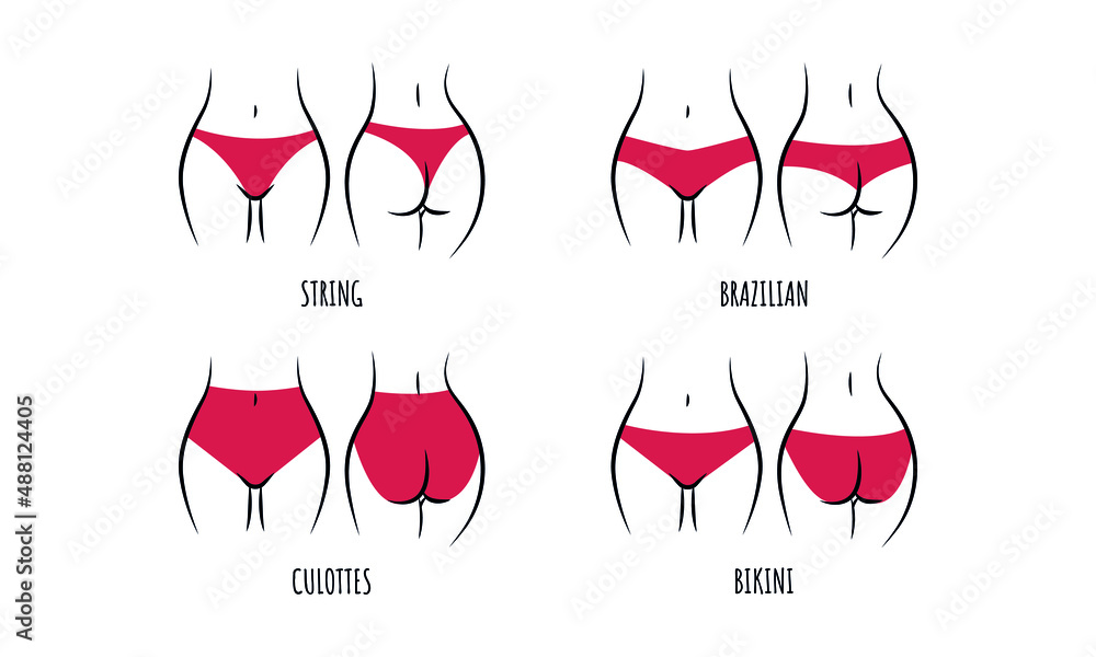 Types of Women's icon set. Sketch clothing underwear items. Silhouette buttocks. String, brazilian, culottes, bikini. Vector Stock Vector | Adobe Stock