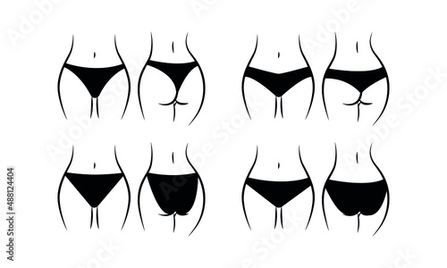 Women's panties icon set.  Sketch clothing underwear items. Silhouette female body. Black String,  brazilian, tanga, bikini. Vector