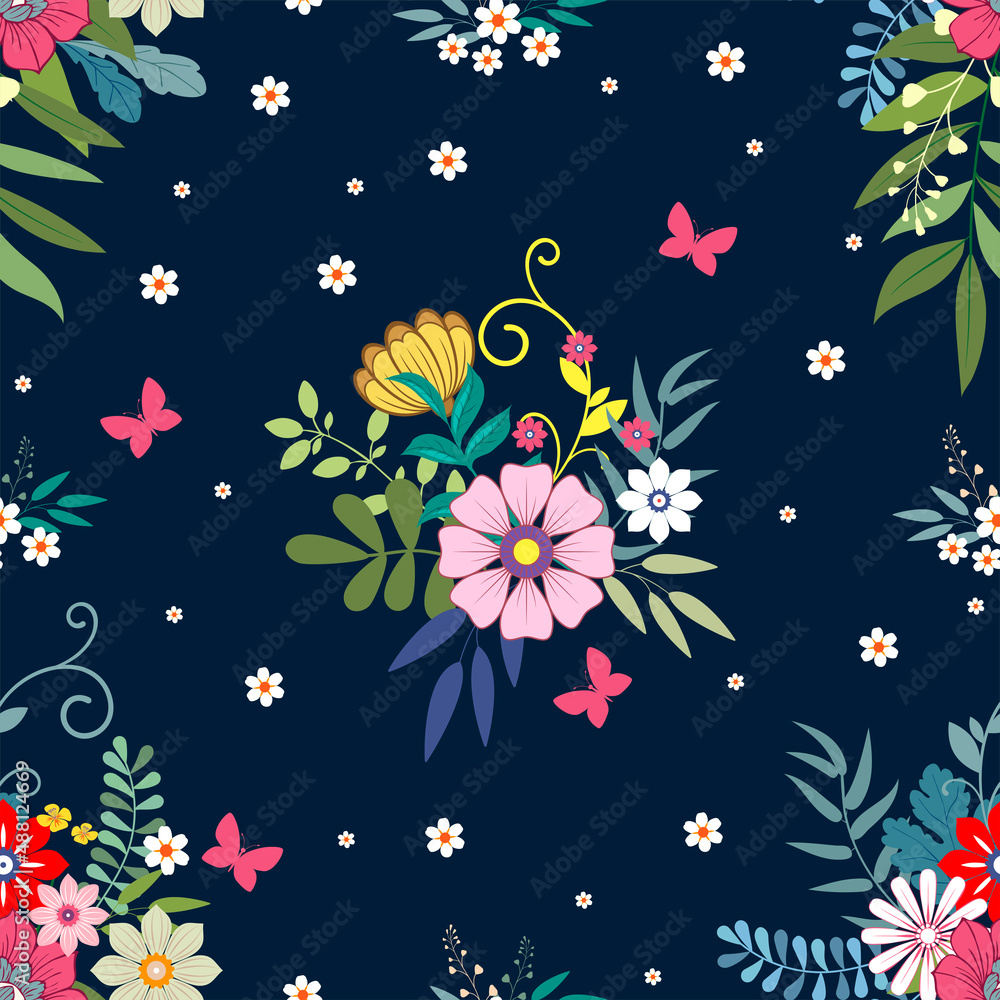 Fototapeta premium Vector illustration of a floral pattern. Flowers and grass on a blue background.