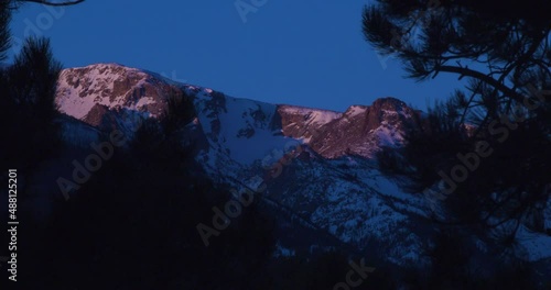 Sunrise through the trees looking to McHenry's Peak in Colorado