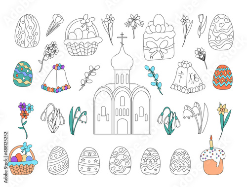 Orthodox Church, spring flowers, basket with eggs,  Easter cake and painted Easter eggs in black and white outline. Vector illustration in doodle style. Coloring book for children and adults