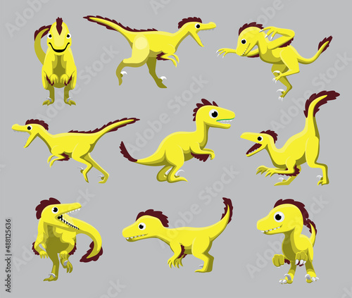 Cartoon Dinosaur Velociraptor Cute Various Poses Cartoon Vector Illustration