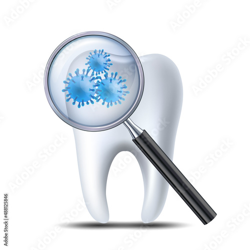Icon check teeth at dentist. Tooth with a magnifying glass showing microscopic bacteria or viruses.