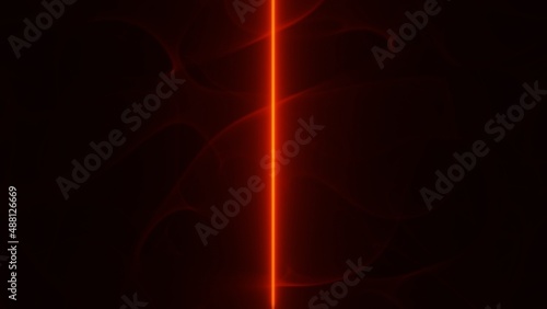 Red glowing Laser beam passing through plasma  gas   smoke background. Beam of light . 3d render illustration.