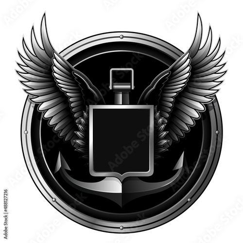 black and white coat of arms with anchor, shield and wings 