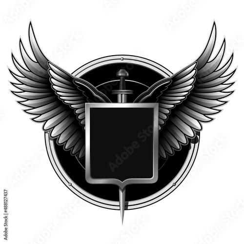 black and white coat of arms with shield, wings and sword