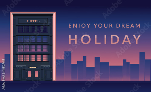 Hotel building image banner. Night city with architecture, skyscrapers, megapolis, buildings, downtown. Travel, tourism or holiday tour online marketing banner. Building hotel illustration.
