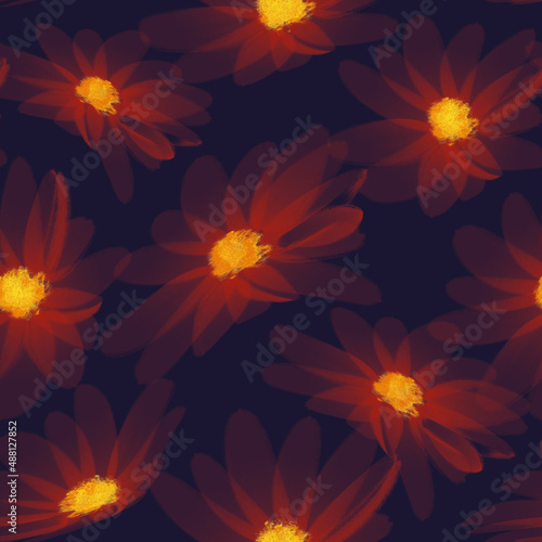 seamless pattern flowers glowing on black background