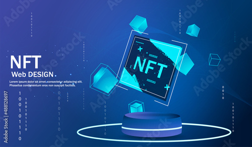 Concept of NFT ,non-fungible token with network vector on dark background. Vector illustration concept nft banner for website. Non-renewable token. Vector illustration.