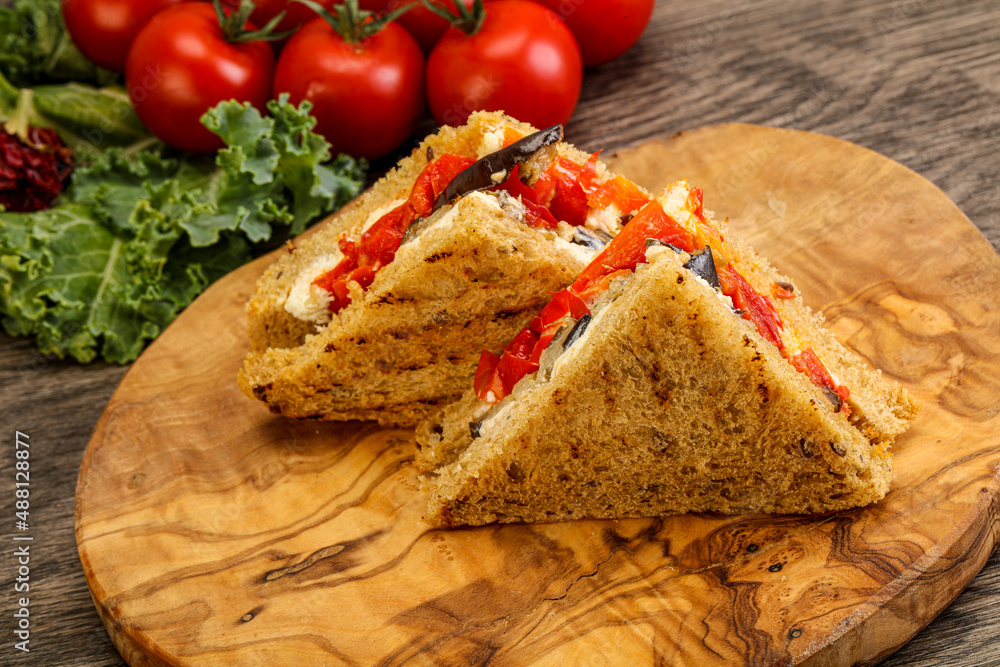 Club sandwich with eggplant and cheese Club sandwich with eggplant and cheese