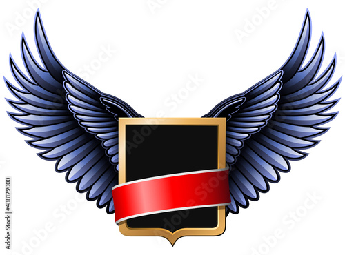 colored coat of arms with shield, wings and ribbon