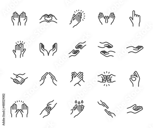 Vector set of hands line icons. Contains icons applause, handshake, high five, helping hand, little bit, hand washing and more. Pixel perfect.