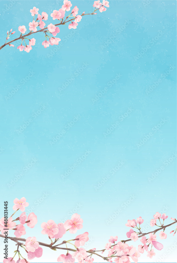 Naklejka premium 水彩風の優しい色合い空と桜