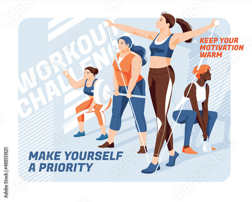 Banner for advertising the gym and training. A group of women of different races and bodies are engaged in fitness on an abstract background. Design for presentations, print, web advertising banners.