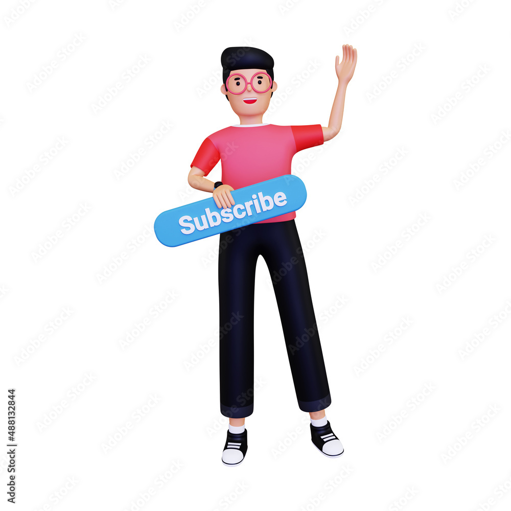 Man promoting subscribe button. isolated on a white background. 3d illustration
