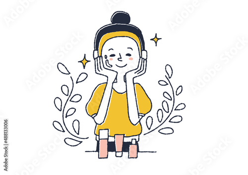 お肌の手入れをする女性　コミカルな手書きの人物イラスト　ベクター線画にシンプルな色つけ　白バック
