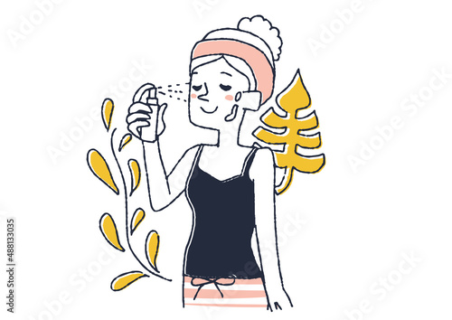 お肌の手入れをする女性　コミカルな手書きの人物イラスト　ベクター線画にシンプルな色つけ　白バック