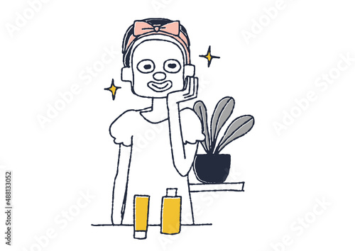 お肌のパックをしている女性　コミカルな手書きの人物イラスト　ベクター線画にシンプルな色つけ　白バック