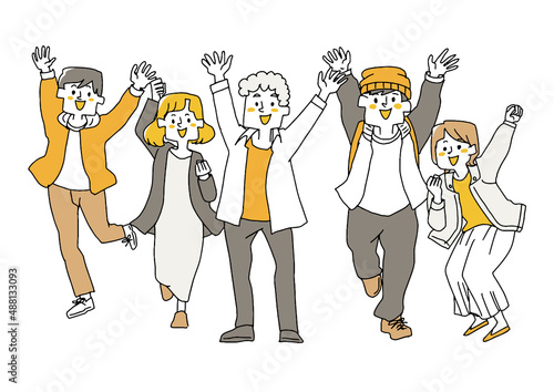 喜びを表す若者たち　コミカルな手書きの人物イラスト　ベクター線画にシンプルな色つけ　白バック