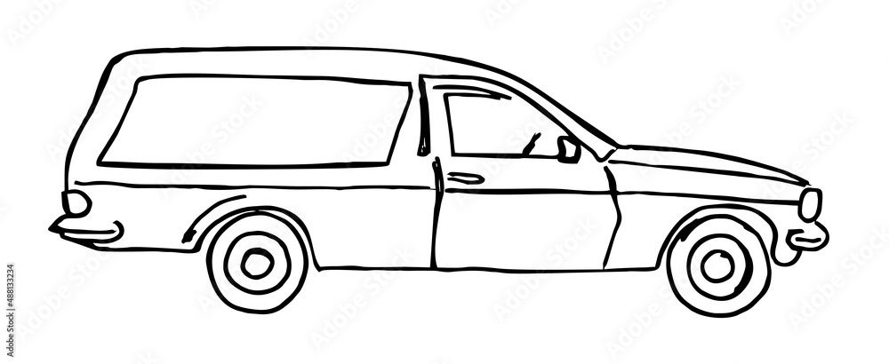 Vector vintage funeral hearse car with coffin inside sketch. Isolated illustration