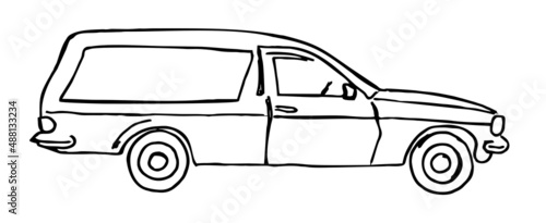Vector vintage funeral hearse car with coffin inside sketch. Isolated illustration