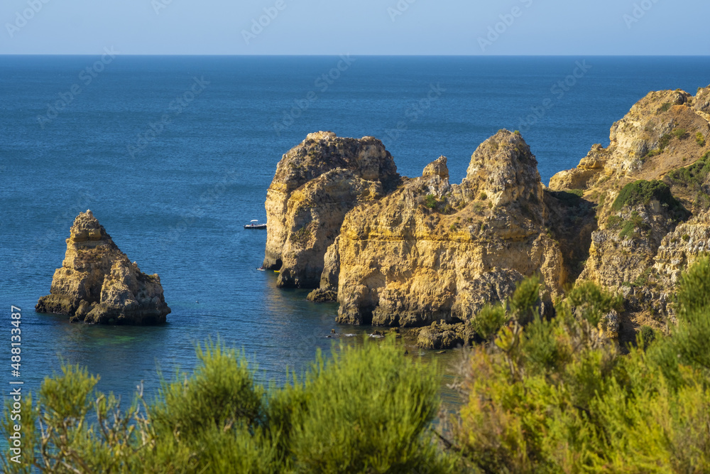 Panoramic view with Cliff, rocks and emerald sea at Ponta da Piedade near Lagos, Algarve, Portugal
