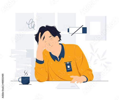 Frustrated tired male employee after work touching his head, feeling absolutely stress and exhausted because of overwork, Deadline, Tiredness concept illustration