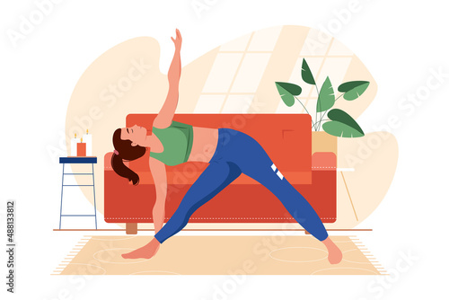 Smiling woman practicing body stretching at home vector flat illustration. Female in sportswear doing yoga exercise on mat. Sportswoman during sports training. Active person enjoying aerobics