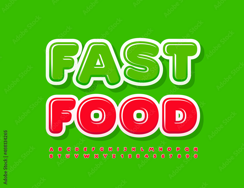 Naklejka premium Vector creative Poster Fast Food. Trendy Glossy Font. Bright Red set of Alphabet Letters and Numbers