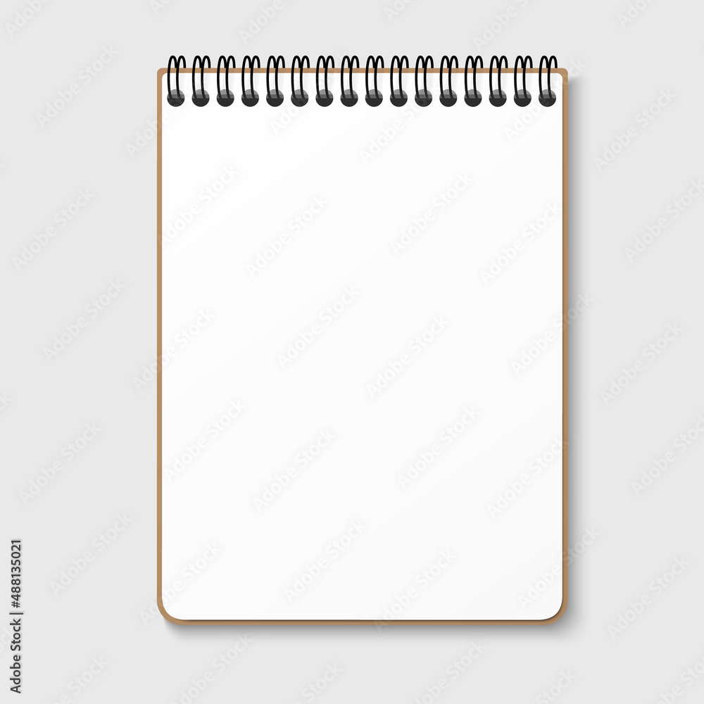 Notepad with a horizontal spring spiral. Notebook with a blank white sheet. Isolated vector illustration on a gray background Notepad with a horizontal spring spiral. Notebook with a blank white sheet. Isolated vector illustration on a gray background