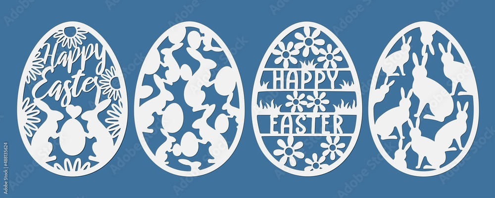 Set of Easter decorations in the form of eggs with bunnies and flowers. Easter egg Happy Easter, template for laser cutting plotter. Vector illustration in paper style. Set of Easter decorations in the form of eggs with bunnies and flowers. Easter egg Happy Easter, template for laser cutting plotter. Vector illustration in paper style.