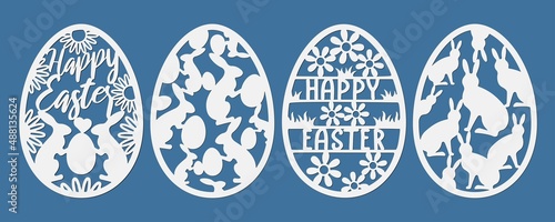 Set of Easter decorations in the form of eggs with bunnies and flowers. Easter egg Happy Easter, template for laser cutting plotter. Vector illustration in paper style.