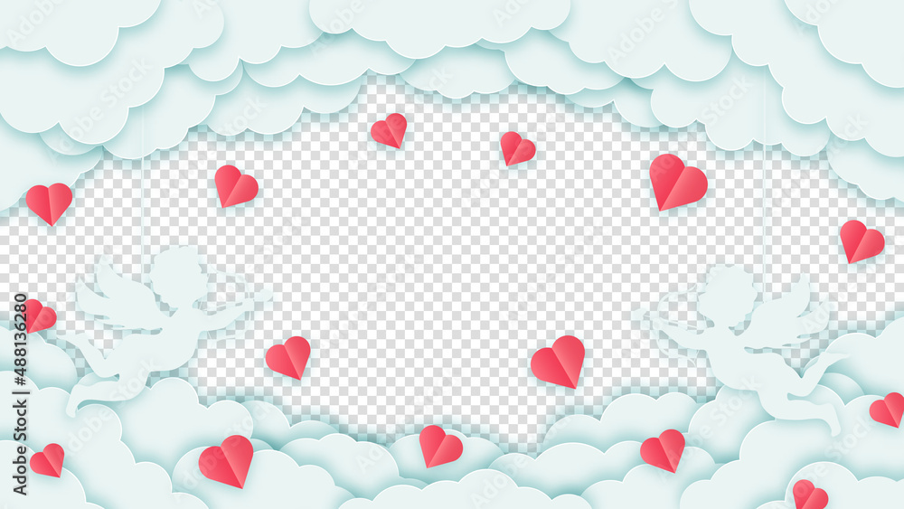 Happy Valentine's Day or Woman's Day. Concept love greeting card. Clouds or nubes and red hearts with amour or cupid on a transparent background. Vector illustration
