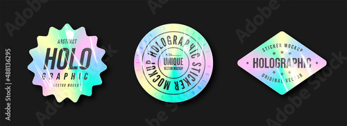 Holographic sticker mockup. Collection of paper holographic stickers and labels. Hologram stickers and patches with plastic texture. Vector