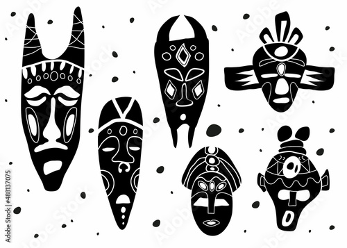 A set of African, ethnic masks. National ornaments. Flat vector illustration. Rituals and initiations. Mysticism and magic. Items for the ceremony.