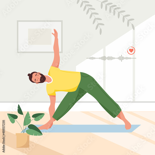 Active man doing yoga exercise at home or gym vector flat illustration. Flexible male practicing stretching or aerobics on mat. Guy in sportswear enjoying sports training or workout. Sports training