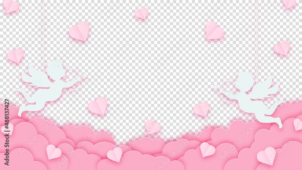 Happy Valentine's Day. Pink clouds or nubes and hearts with amour or cupid on a transparent background. Vector illustration