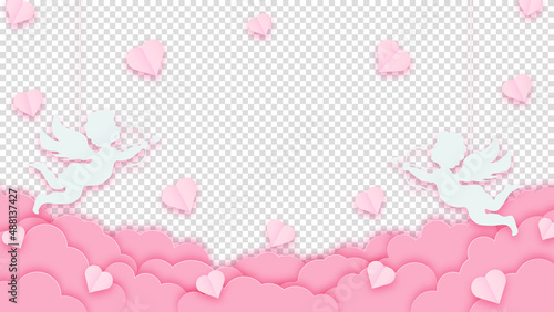 Happy Valentine's Day. Pink clouds or nubes and hearts with amour or cupid on a transparent background. Vector illustration
