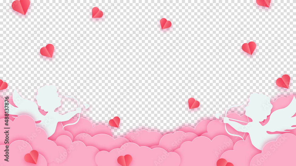Happy Valentine's Day. Pink clouds or nubes and red hearts with amour or cupid on a transparent background. Vector illustration