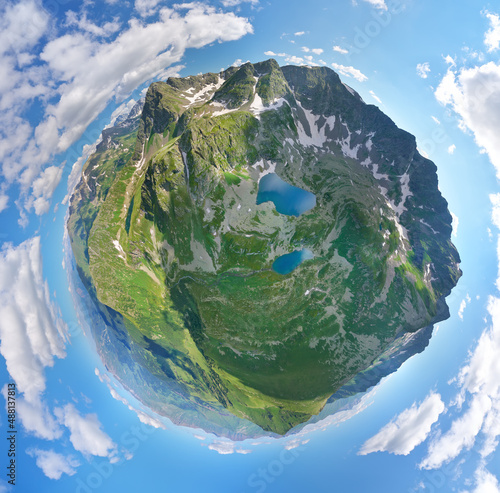 Schilderij op canvas Little planet panorama of green Caucasus mountains valley