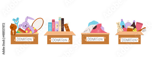 Donations carton boxes full of child toys, clothing, cosmetics and books. Help and support for low-income families and orphans. Charity concept. Flat vector illustration isolated on white background