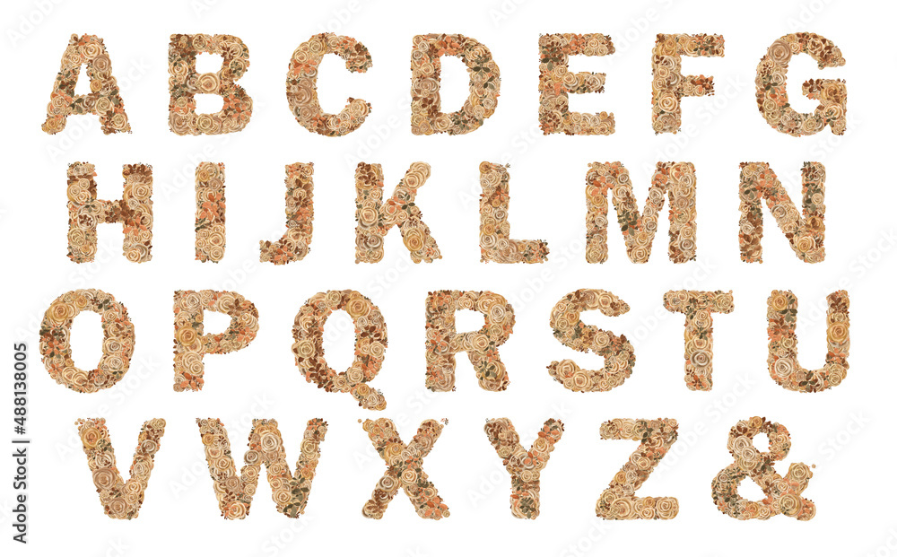 Watercolor alphabet letters from roses like collage. Watercolor alphabet letters from roses like collage.