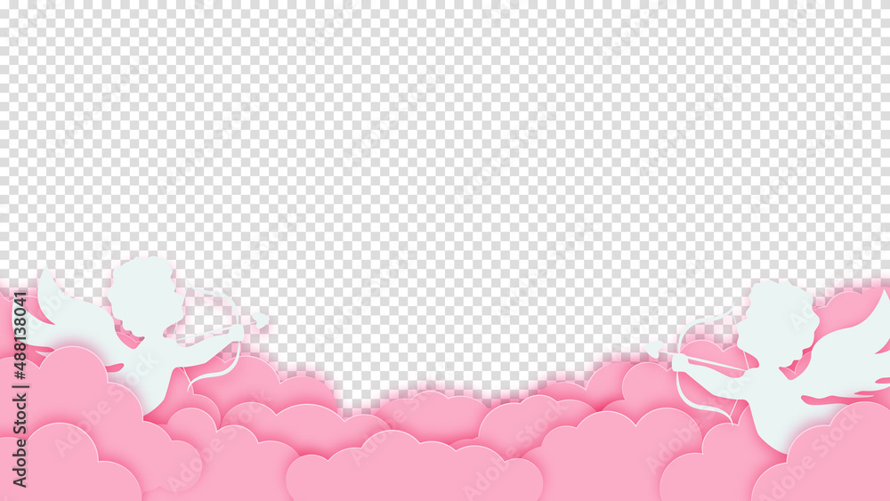 Happy Valentine's Day. Pink clouds or nubes with amour or cupid on a transparent background. Vector illustration