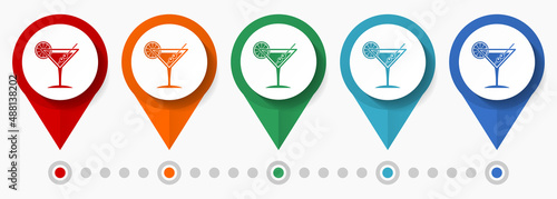 Drink, alcohol concept vector icon set, flat design martini pointers, infographic template easy to edit