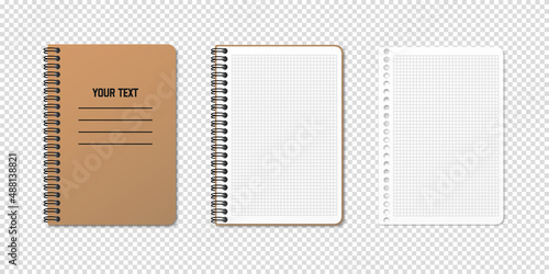 Vertical spiral spring notepad with space for your image or text on transparent background in three variations. Checkered sheet. Notebook vector clipart illustration. Top view