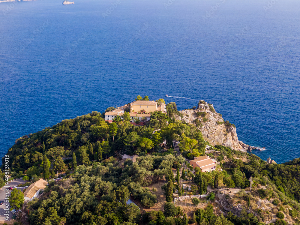 Beautiful aerial drone  view  of  Paleokastritsa Monastery  in corfu island greece